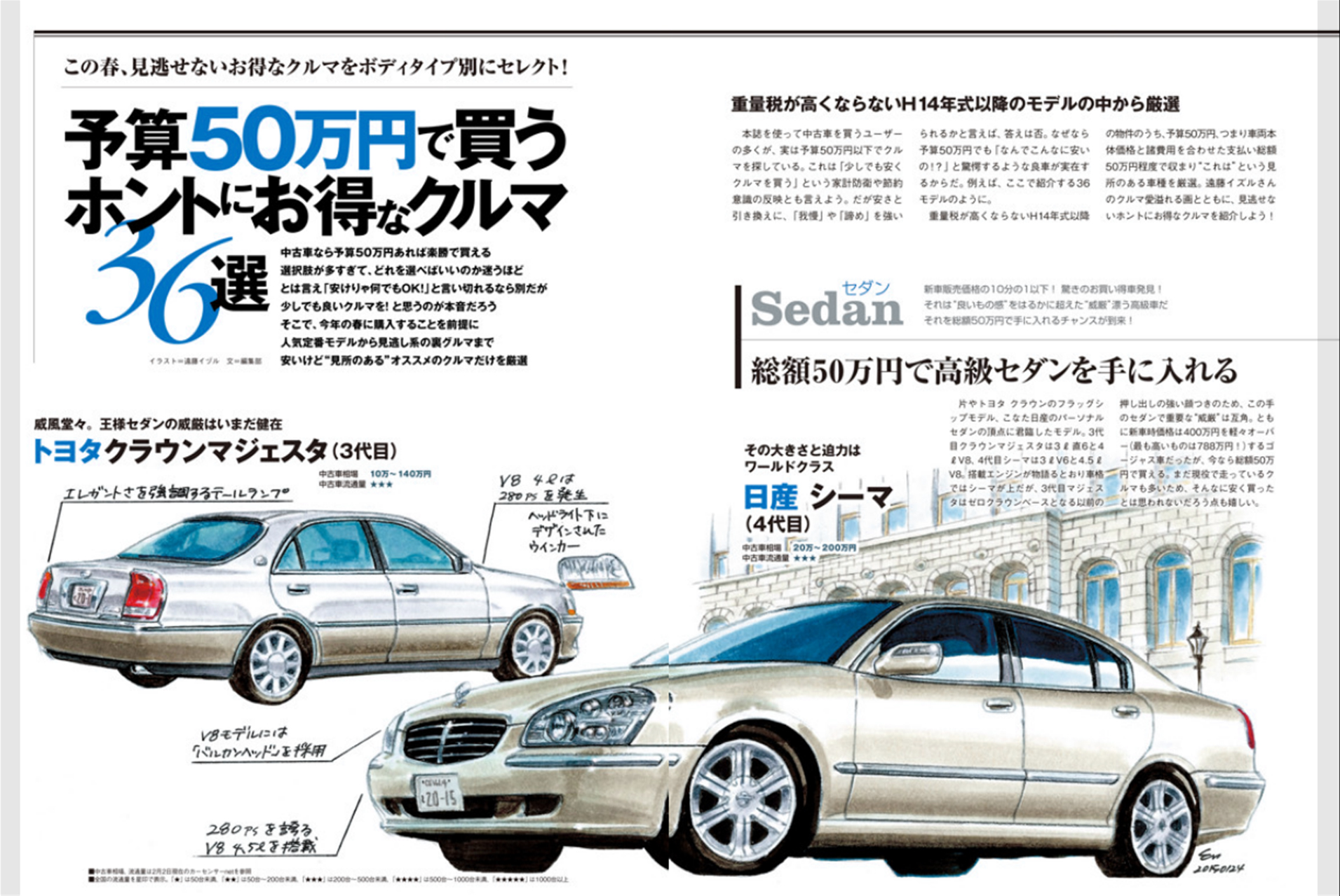 ▲4月号の特集は「予算50万円で買うホントにお得なクルマ36選」