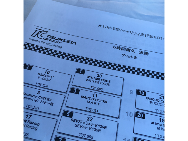 ▲SEV耐2016の決勝グリッド表。ロータス号（30番「WITH ME EXIGE」）が先頭でスタートする